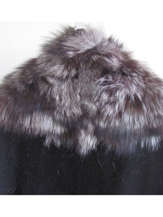 DESIGNER ANAABELL NEW YORK BLACK WOOL BLEND SILVER GREY FOX COLLAR FRINGE CAPE - Picture 8 of 9